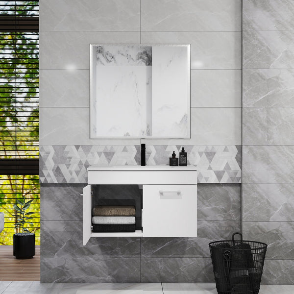 English Elm 32-Inch Bathroom Vanity Combo With Mirror & Sink - Wall-Mounted, Soft-Close Doors, Glossy White Finish W3151S00027