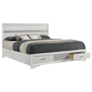 English Elm May 2-Drawer Platform Eastern King Storage Bed with Shimmery Foil Headboard and Rhinestone Pulls craftsmanship and glamour combined for dreamy modern bedroom allure White B062S01087