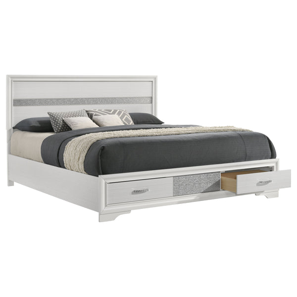 English Elm May 2-Drawer Platform Eastern King Storage Bed with Shimmery Foil Headboard and Rhinestone Pulls craftsmanship and glamour combined for dreamy modern bedroom allure White B062S01087