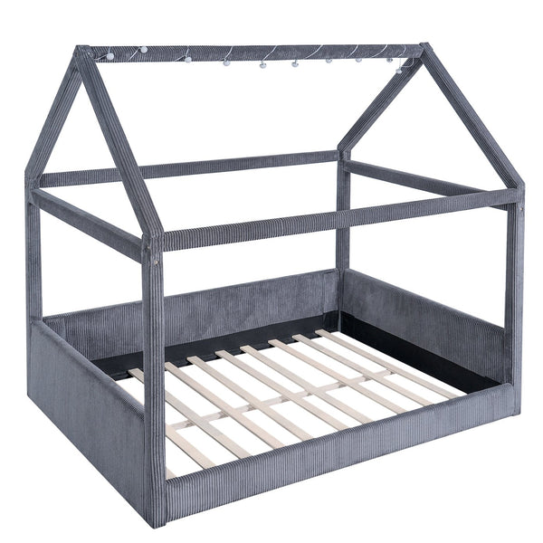 English Elm Full Size Upholstered House Daybed With Led Light Strips, Cozy Grey Corduroy For Stylish Spaces N7500001335E