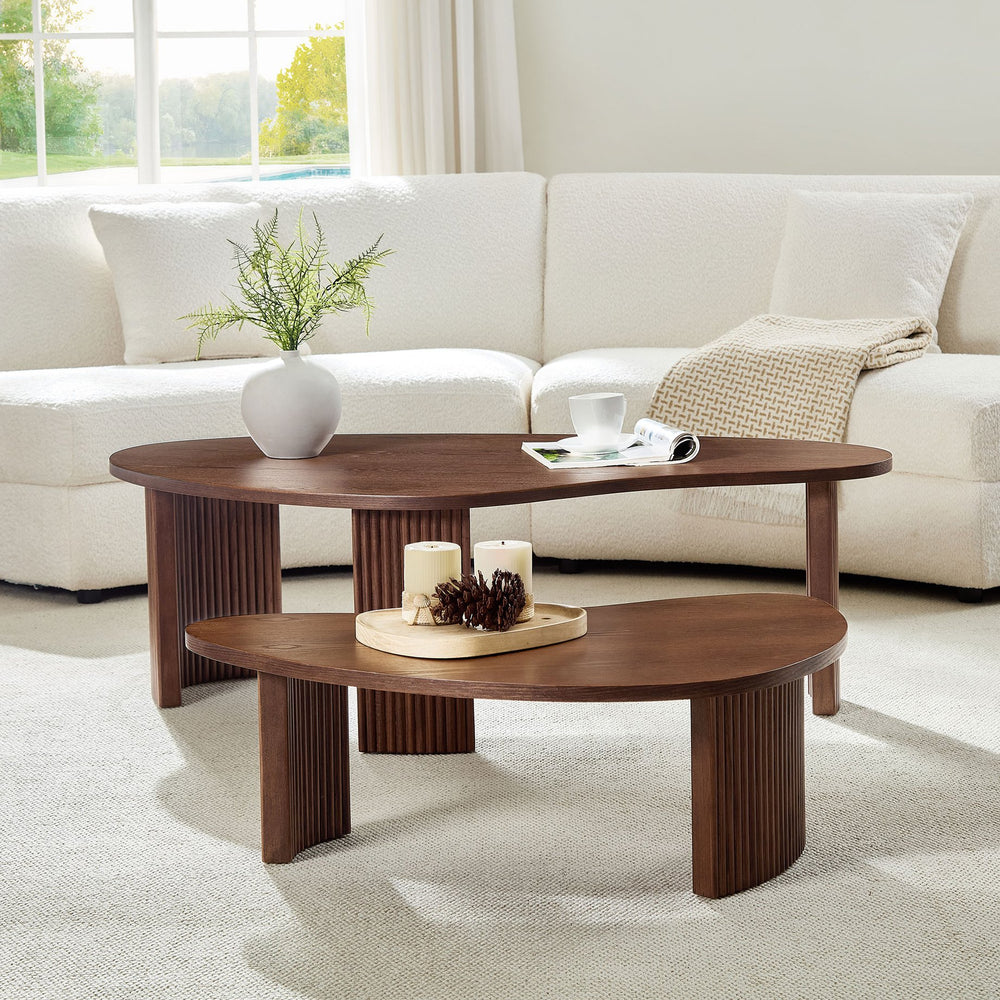 English Elm 2-piece Asymmetrical Nesting Coffee Table Set Sculptural Mdf Organic Shapes Living Room Walnut W2582P402268