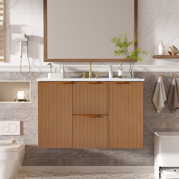 English Elm [video]36 Inch Floating Bathroom Vanity with Ceramic Sink Mdf Cabinet Soft Close N729P417256N