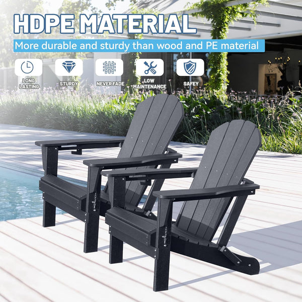 English Elm Adirondack Hdpe Folding Chair Set Outdoor Patio Fire Pit Seating with Cup Holder Black W1859P453299