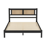 English Elm 3-Pieces Bedroom Sets Queen Size Wooden Platform Bed With Natural Rattan Headboard, Nightstands Set Of 2 With Rattan-Woven Surfaces and Three Drawers For Bedroom, Black