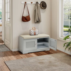 English Elm 28.74"shoe Storage Bench with Louvered Cabinet Cushioned Seat for Entryway Hallway W2948P353902