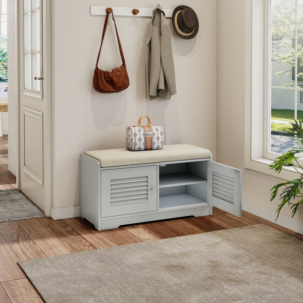English Elm 28.74"shoe Storage Bench with Louvered Cabinet Cushioned Seat for Entryway Hallway W2948P353902