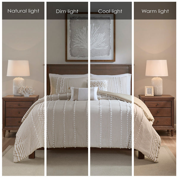 JLA Home Harbor House Blue - 3 Cotton Yarn-Dyed Duvet Cover Set — Taupe & White Striped Clip Jacquard, Breathable OEKO-TEX Comfort 90 L x 106 W x 0.13H HH12-1692