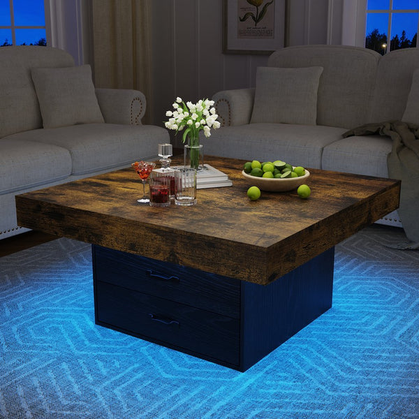 English Elm Coffee Table Square Led Lit Engineered Wood Farmhouse Design with Storage Drawers Black W1550P317687