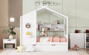 English Elm Wooden Full Size House Bed with Trundle and Built-In Shelves — Modern Pine Frame, Whimsical Roof Design White 57.2 L x 16.25 W x 5.9 H N733S316125K