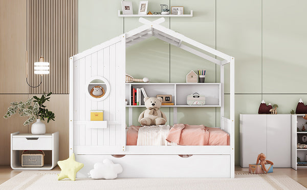 English Elm Wooden Full Size House Bed with Trundle and Built-In Shelves — Modern Pine Frame, Whimsical Roof Design White 57.2 L x 16.25 W x 5.9 H N733S316125K