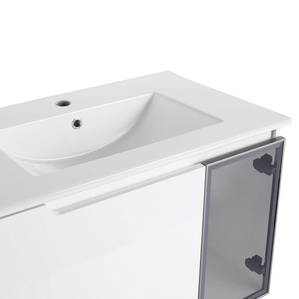 English Elm 54" Floating Bathroom Vanity Glossy White Plywood Cabinet with Ceramic Sink Grey Glass Door W999S00530