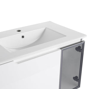 English Elm 72" Floating Double Bathroom Vanity Plywood Cabinet Ceramic Sinks Soft Close Doors W999S00533