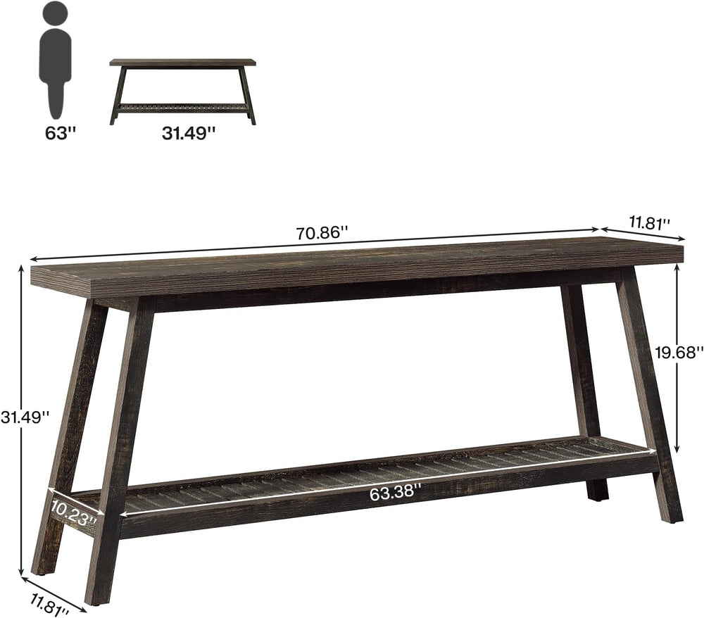 English Elm 2-tier Industrial Console Table Rustic Wood and Black Metal Frame Entryway Sofa T3971P463644
