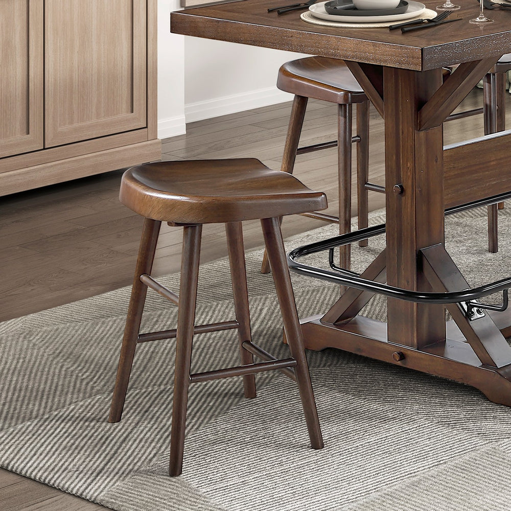 English Elm Brown Acacia Wood Counter Height Dining Set Six Saddle Stools Industrial Metal Footrest B011S02272