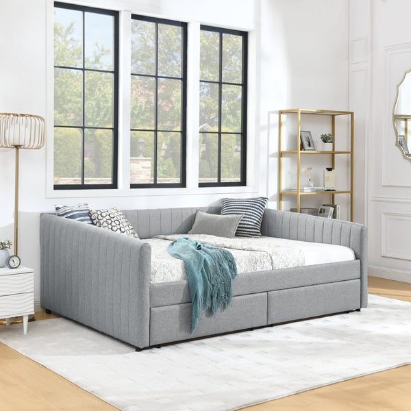 English Elm Queen Size Daybed With Trundle & Drawers – Stylish Grey Upholstered Sofa Bed For Guests & Storage W1413S00067-GIGA