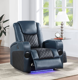 English Elm Alair Blue & Black Leather Aire Power Recliner with Bluetooth, Wireless Charger, Cooling Cupholder & Storage B2726P321025