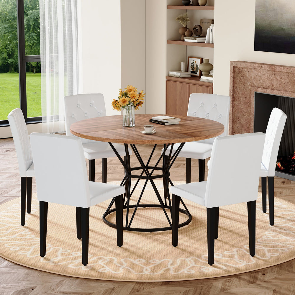 English Elm Table Set Walnut Round Dining for 6 with White Pu Chairs and Matte Black Metal Base W1151S04850