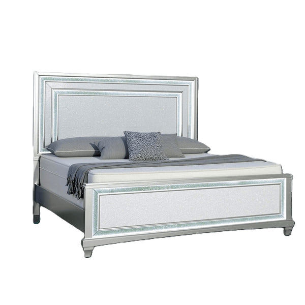 English Elm 1pc Queen Wingback Upholstered Platform Bed Gray Rubberwood Frame No Box Spring B2741S00801