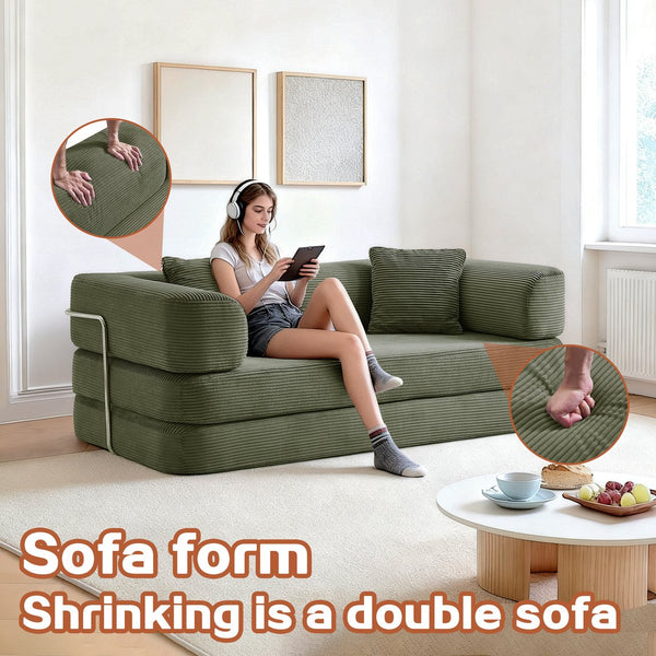 English Elm Floor Sofa Bed Modular Corduroy Convertible Lounge with Steel Frame for Living Room Antique Green W3565P397194