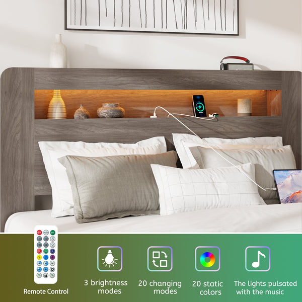English Elm Bed Frame Full Size With Led Headboard, Usb Ports, Storage & Easy Assembly - Dark Grey Modern Design W636P288788