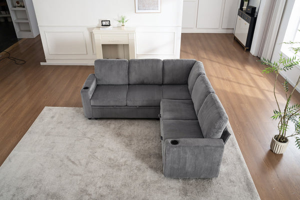 English Elm Sectional Corduroy Sleeper Sofa with Storage and Charging Ports for Small Spaces Grey W1361S00077