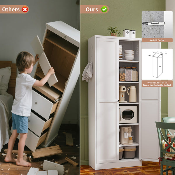 English Elm 72" Metal Pantry Cabinet White - Tool-Free 72" Freestanding Organizer, 5 Adjustable Shelves, 66lb/Shelf, Anti-Tip, Scratch-Resistant Quiet Doors T2398P350193