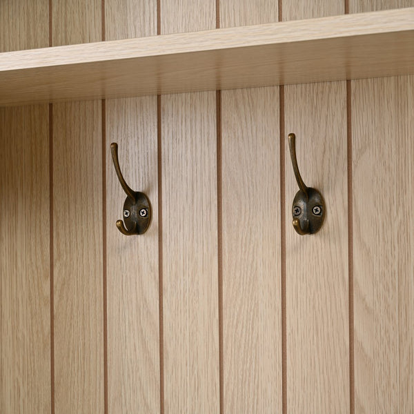 English Elm Hall Tree Entryway Organizer with Bench Drawers Hooks and Arched Wood Grain Panels Black N721P415880B