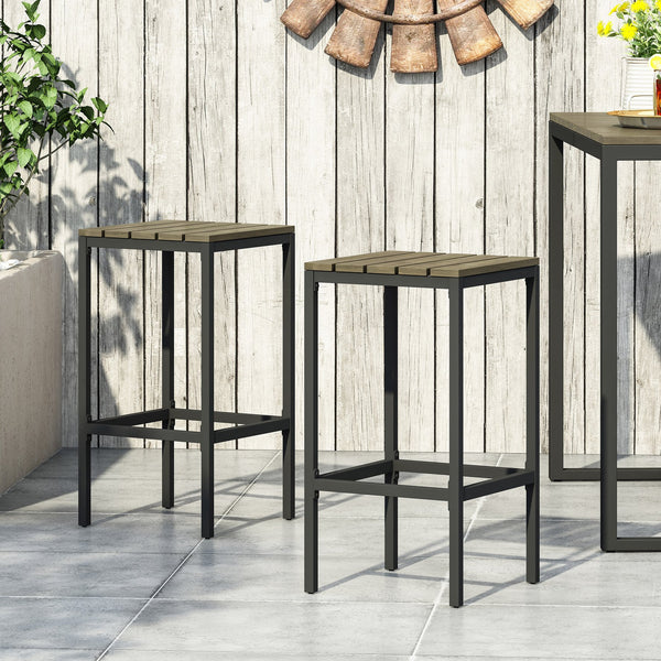 English Elm Christopher Knight Home® - EZRA Outdoor Acacia Bar Stool Set of 2 — Handcrafted Teak Finish Wood Tops, Sturdy Iron Frames Black+Grey 70262.00GRY