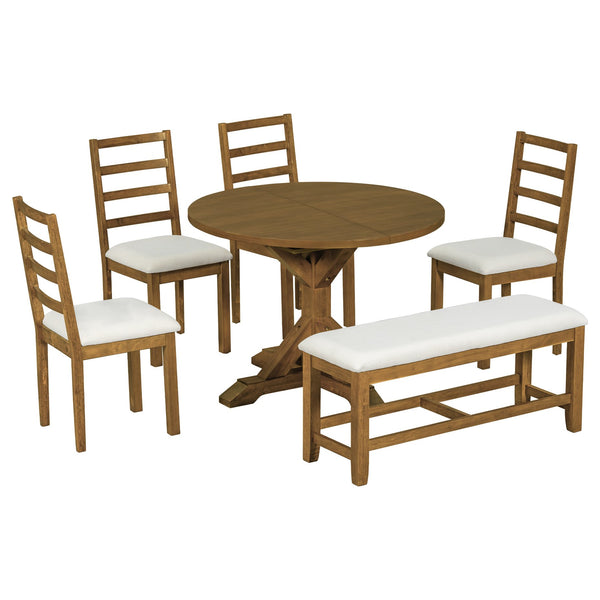 English Elm Topmax Farmhouse Extendable Pedestal Dining Set Seats Six with Ladder Back Chairs Beige,Dark Brown N717S000060D