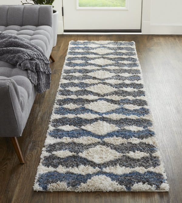 Feizy Rugs Mynka High-pile Geometric Area Rug - Pet-friendly, Stain Resistant, Stylish For High Traffic Spaces Ivory,Gray,Blue Polyester Myn39iffblugryi68
