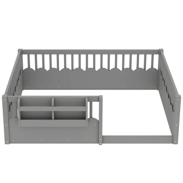 English Elm Twin Low Profile Kids Floor Bed Pine Wood Frame with Safety Rail and Built in Bookshelf Gray W1580P373140