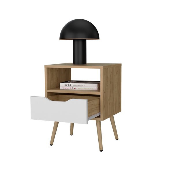 English Elm FM Prescott Valley Nightstand — Scandinavian Minimalist Nightstand with Drawer & Open Shelf, Oak White Finish B128P293870