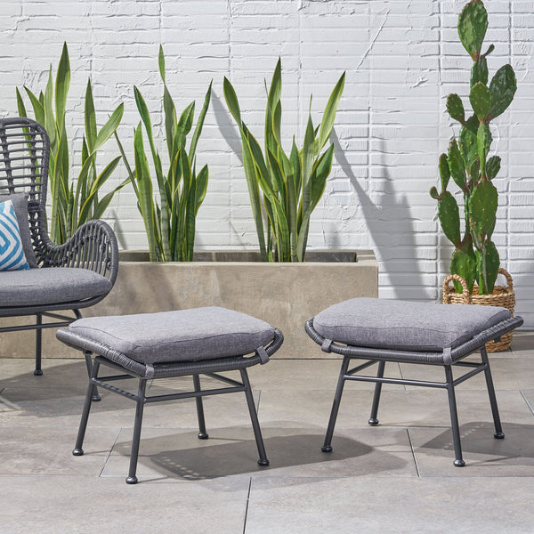 English Elm Christopher Knight Home® - Montana Faux Rattan Outdoor Ottoman Set of 2 with Water-Resistant Gray Cushions, Steel Frame Durable 65045.00GRY