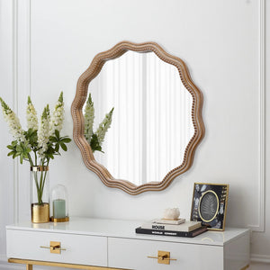 English Elm 23.62 Antique Natural Wood Round Wavy Wall Mirror with Scalloped Frame Modern Farmhouse Decor W2295P290646