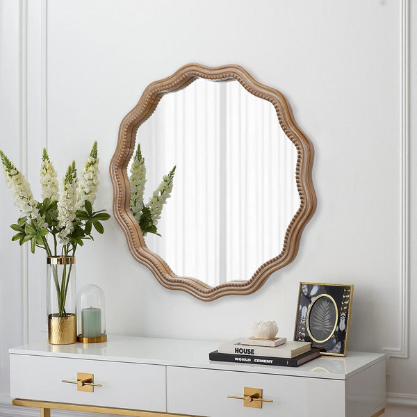 English Elm 23.62 Antique Natural Wood Round Wavy Wall Mirror with Scalloped Frame Modern Farmhouse Decor W2295P290646