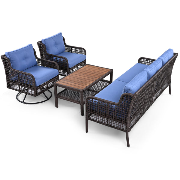 English Elm GO 4 Pieces Outdoor Acacia Wood Sofa Set with Removable Cushions, Woven Armrests & Coffee Table Blue N704G201247C