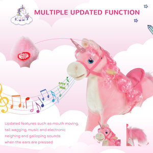 English Elm Qaba Plush Unicorn Rocking Horse with Solid Wood Base Wagging Tail and Fun Sounds W2225P229172