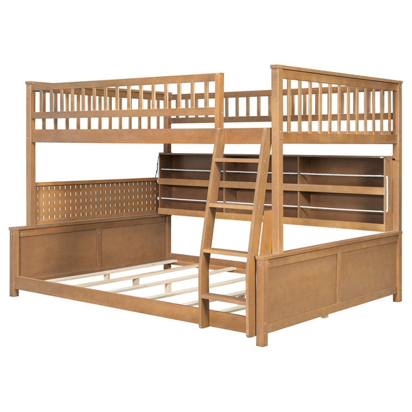 English Elm Full Xl Over Queen Bunk Bed Pinewood Frame with Led Lights Shelving Pegboard Brown LT000279AAP