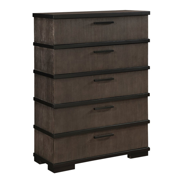 English Elm Two-Tone Modern Industrial Chest with Five Spacious Drawers Oak Veneer Texture and Bold Bar Hardware Black,Brown Gray 43.75 L x 21.5 W x 60.25 H B011P242393