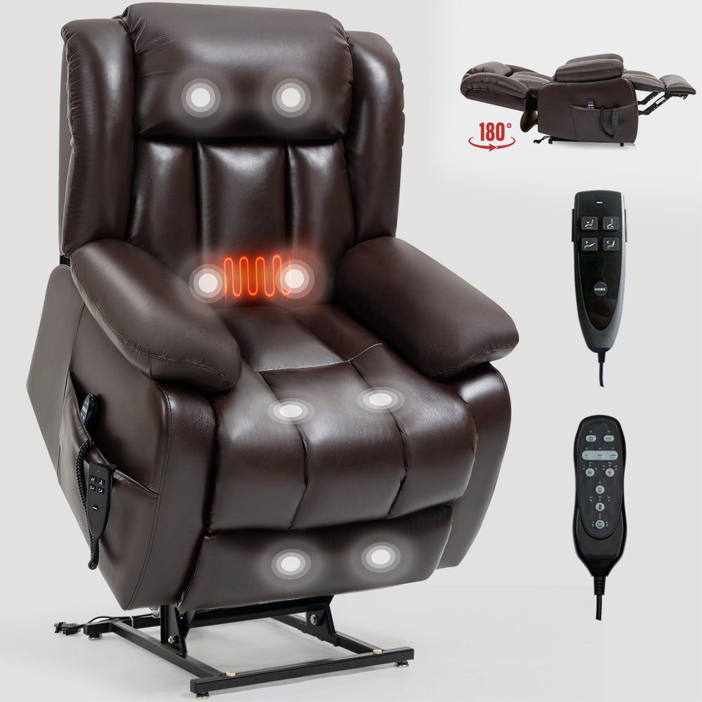 English Elm Dual Motor Power Lift Recliner with Massage Heat and 180 Degree Brown Lounge Chair W1803S00042