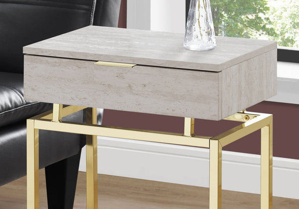English Elm Accent Table With Beige Marble-Look Top And Gold Metal Base - Modern Side, End, Nightstand Table B2710P219292