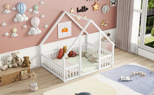 English Elm Full House-Shaped Floor Bed with Fence and Guardrails, Pine Wood Play Loft for Imaginative Kids Retreat White W504P143294