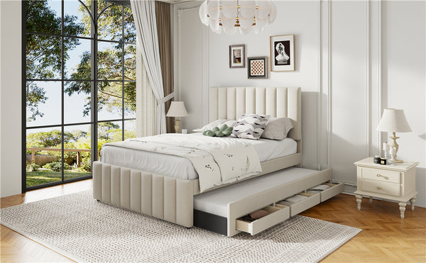 English Elm Full Upholstered Platform Bed with Twin Trundle and 3 Drawers, Linen Comfort, Sturdy Wood Frame Beige SF000249AAA