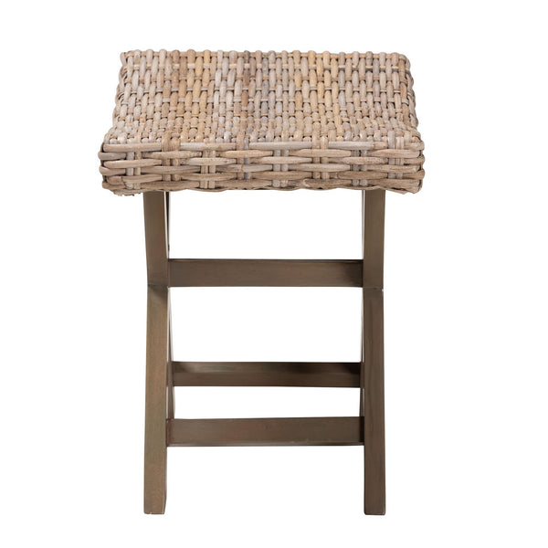 English Elm Bohemian Handwoven Kubu Rattan Footstool with Solid Mahogany Frame Artisan Accent B2750P420408