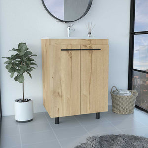 English Elm Free Standing Sink Cabinet Light Oak Beige, 23.8" Engineered Wood Vanity with Sink, 2 Shelves, FSC Compliance B097S00152