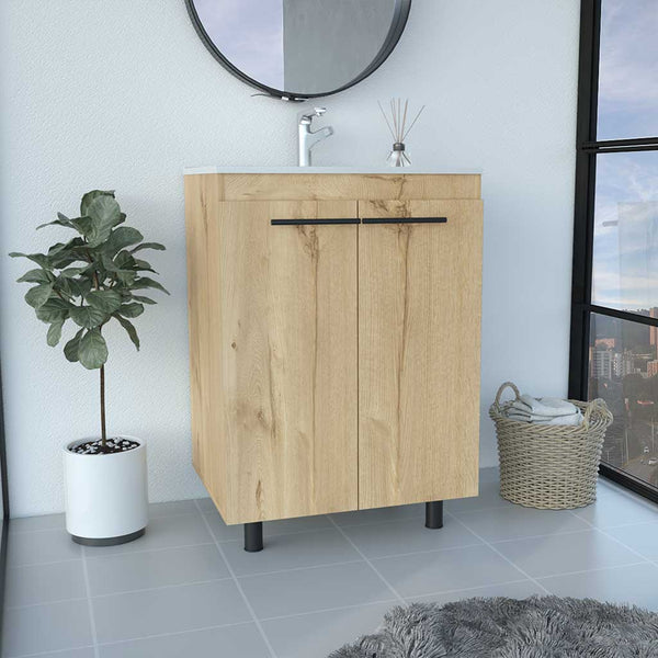 English Elm Free Standing Sink Cabinet Light Oak Beige, 23.8" Engineered Wood Vanity with Sink, 2 Shelves, FSC Compliance B097S00152