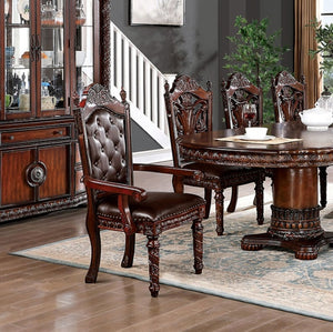 English Elm Traditional 2Pcs Arm Chairs - Brown Cherry Solid Wood, Tufted Dark Brown Leatherette For Dining Elegance B011P234704-GIGA