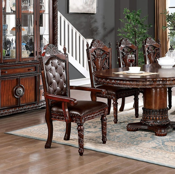 English Elm Traditional 2Pcs Arm Chairs - Brown Cherry Solid Wood, Tufted Dark Brown Leatherette For Dining Elegance B011P234704-GIGA