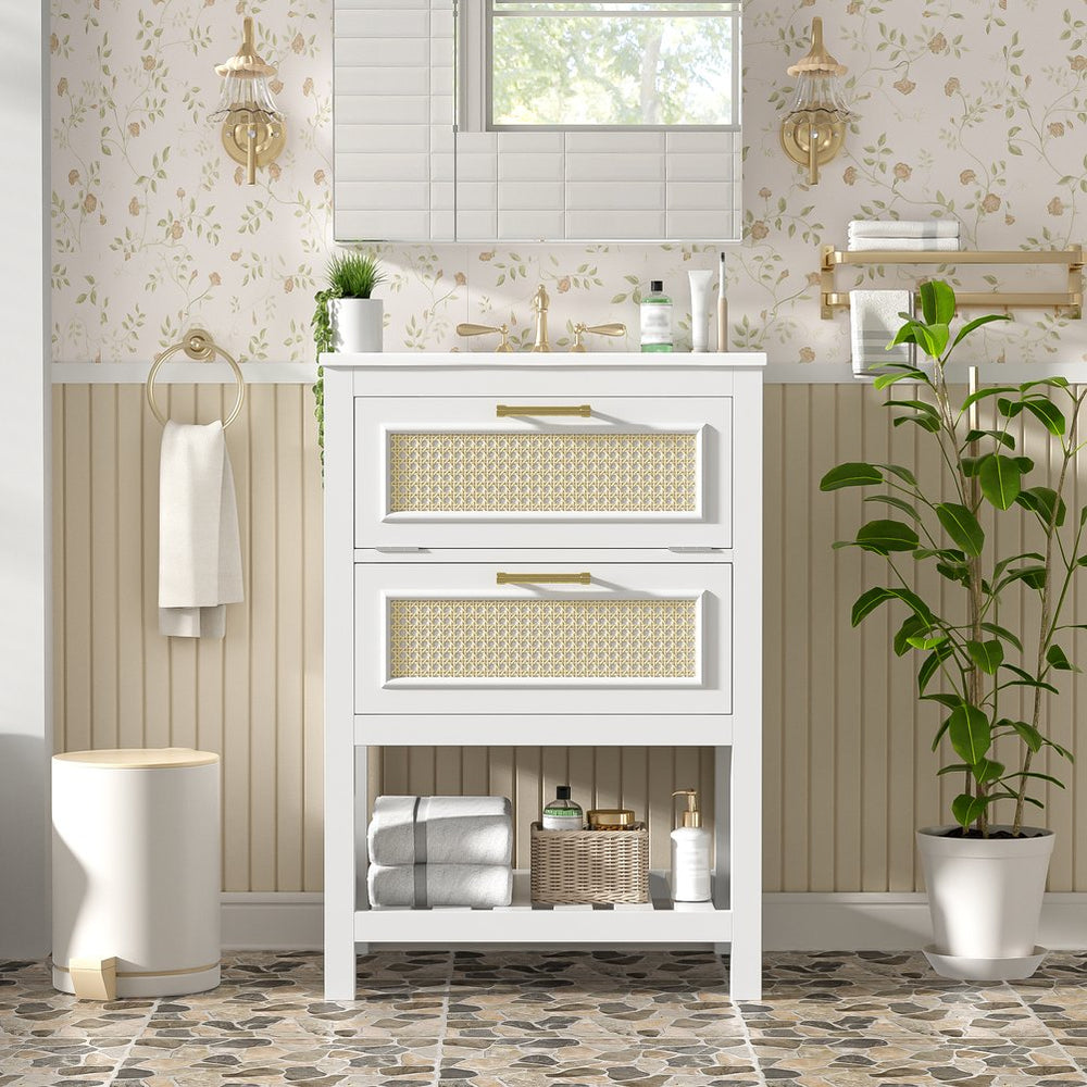English Elm 24" Rattan Front Bathroom Vanity with Ceramic Sink Deep Drawer Storage Mdf Cabinet White N710P293990K