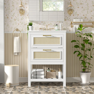 English Elm 24" Rattan Front Bathroom Vanity with Ceramic Sink Deep Drawer Storage Mdf Cabinet White N710P293990K